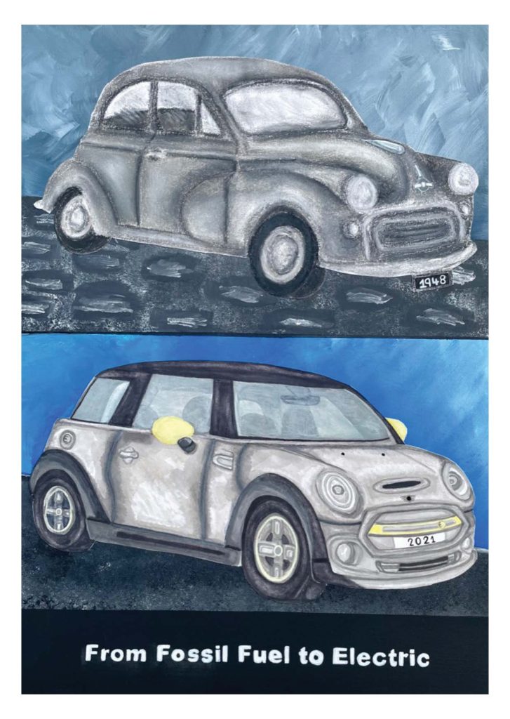 Painting of two Mini cars, one old and one new, with the words 'From Fossil Fuel to Electric' 