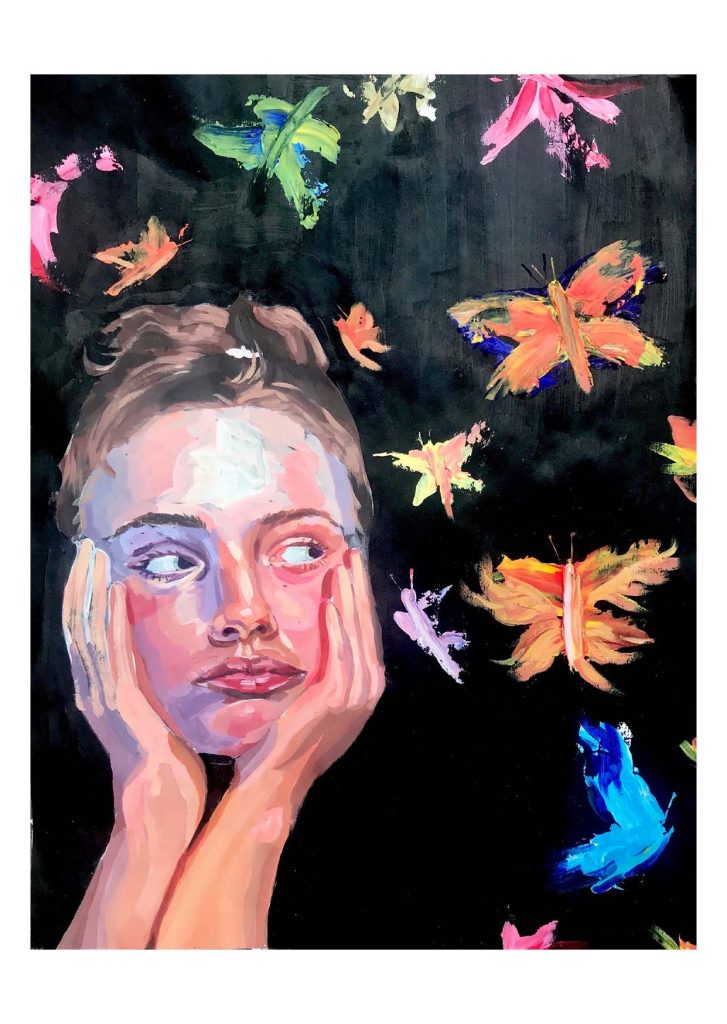Painted portrait of a young person with their head resting on their hands, with a black background filled with coloured butterflies