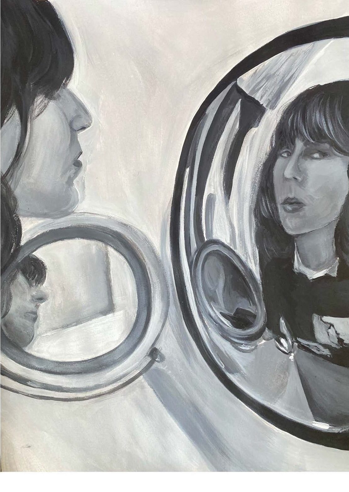 Painting in greys and blacks of a young person looking at their reflection