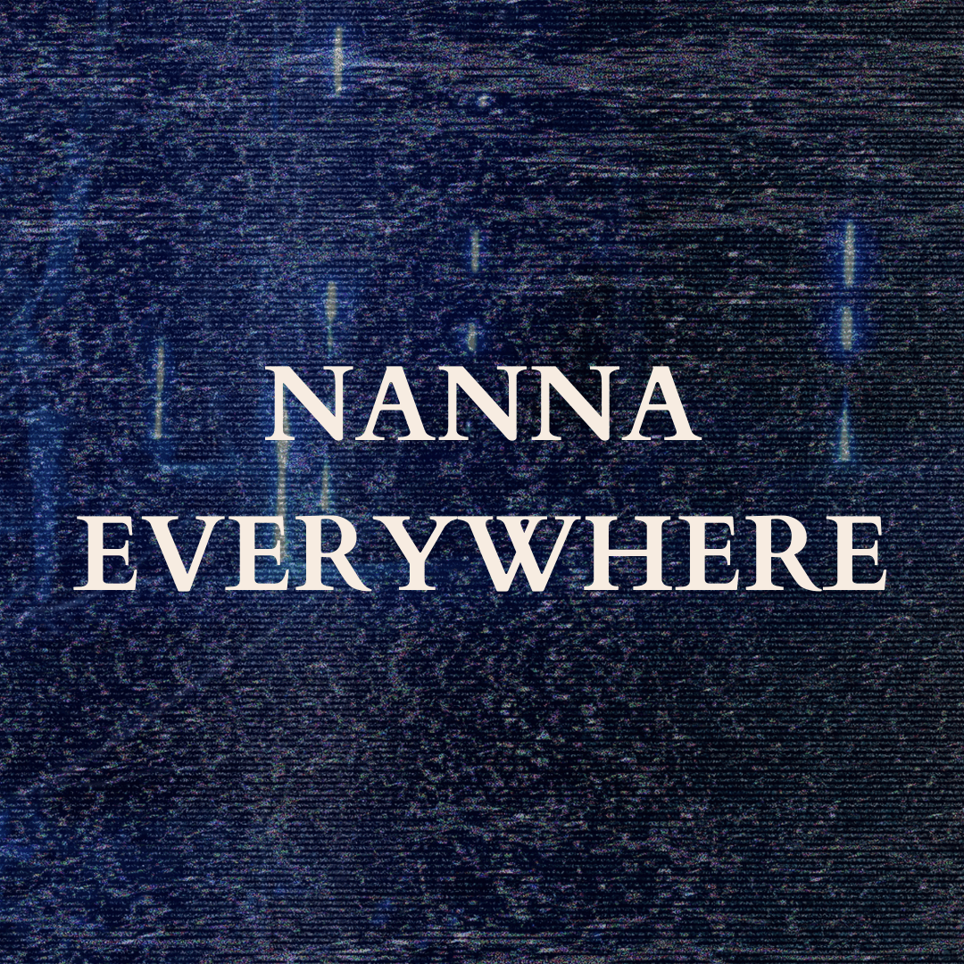 White text over deep blue textured image and several long vertical marks in white, reading: NANNA EVERYWHERE