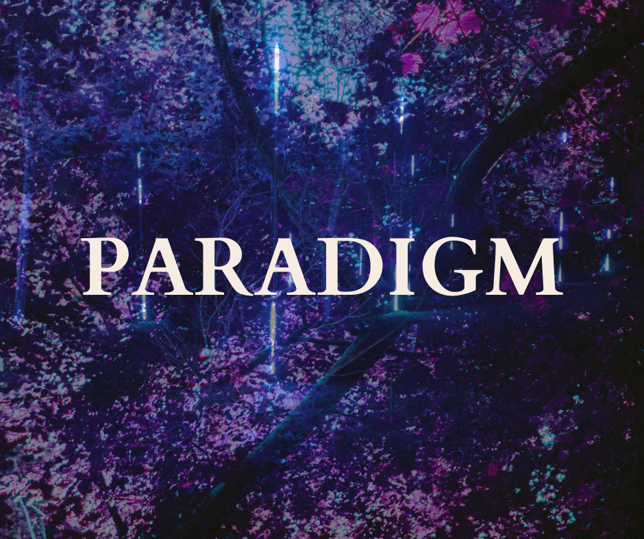 Text over purple and blue trees against sky, with several vertical lines of blue light reads: PARADIGM.