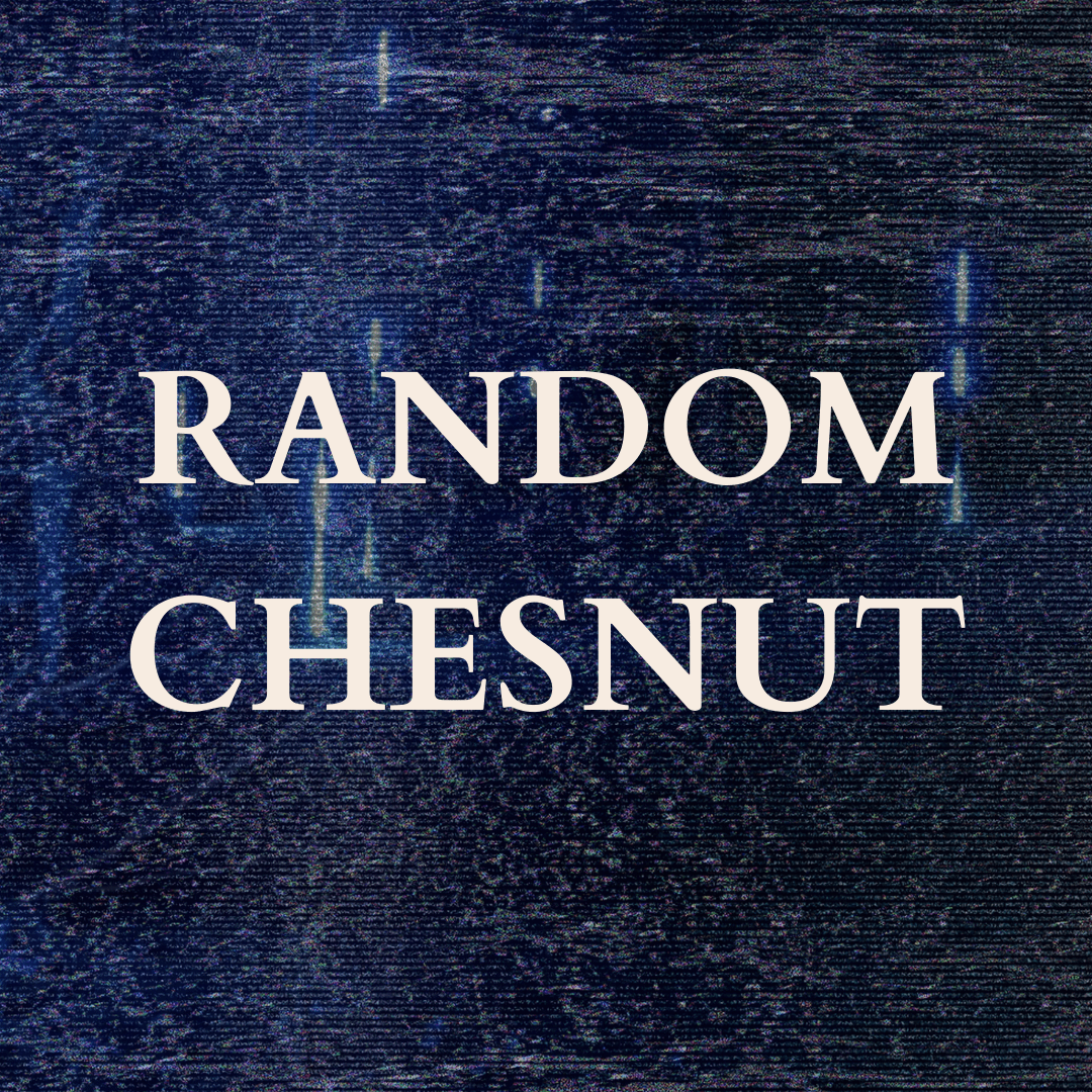White text over deep blue textured image and several long vertical marks in white, reading: RANDOM CHESTNUT