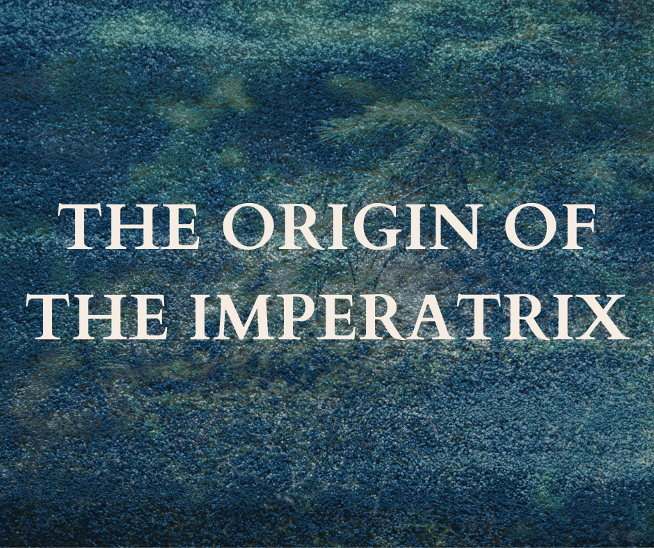 Cream text over a blue and green abstract grainy surface, with faded organic, branching shapes in the background, reading:THE ORIGIN OF THE IMPERATRIX