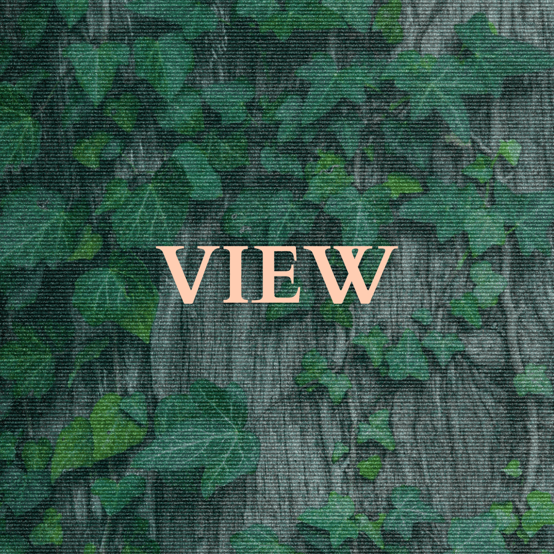 Text over green ivy on a brown tree trunk with textured lines, reading: VIEW.