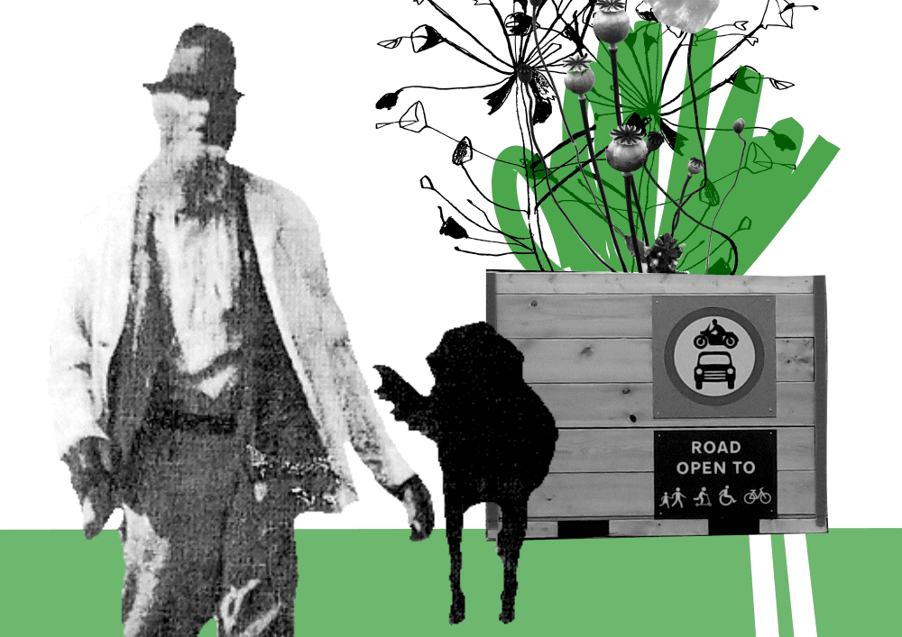 Digital collage of black and white photos and illustrations, featuring: a photo of a bearded man wearing a hat; the silhouette of a dog; a photo of a wooden planter with photos and hand-drawn flowers coming out of it; a road sign on the planter that reads 'Road open to' followed by the symbols for schoolchildren, scooters, wheelchairs and bikes.