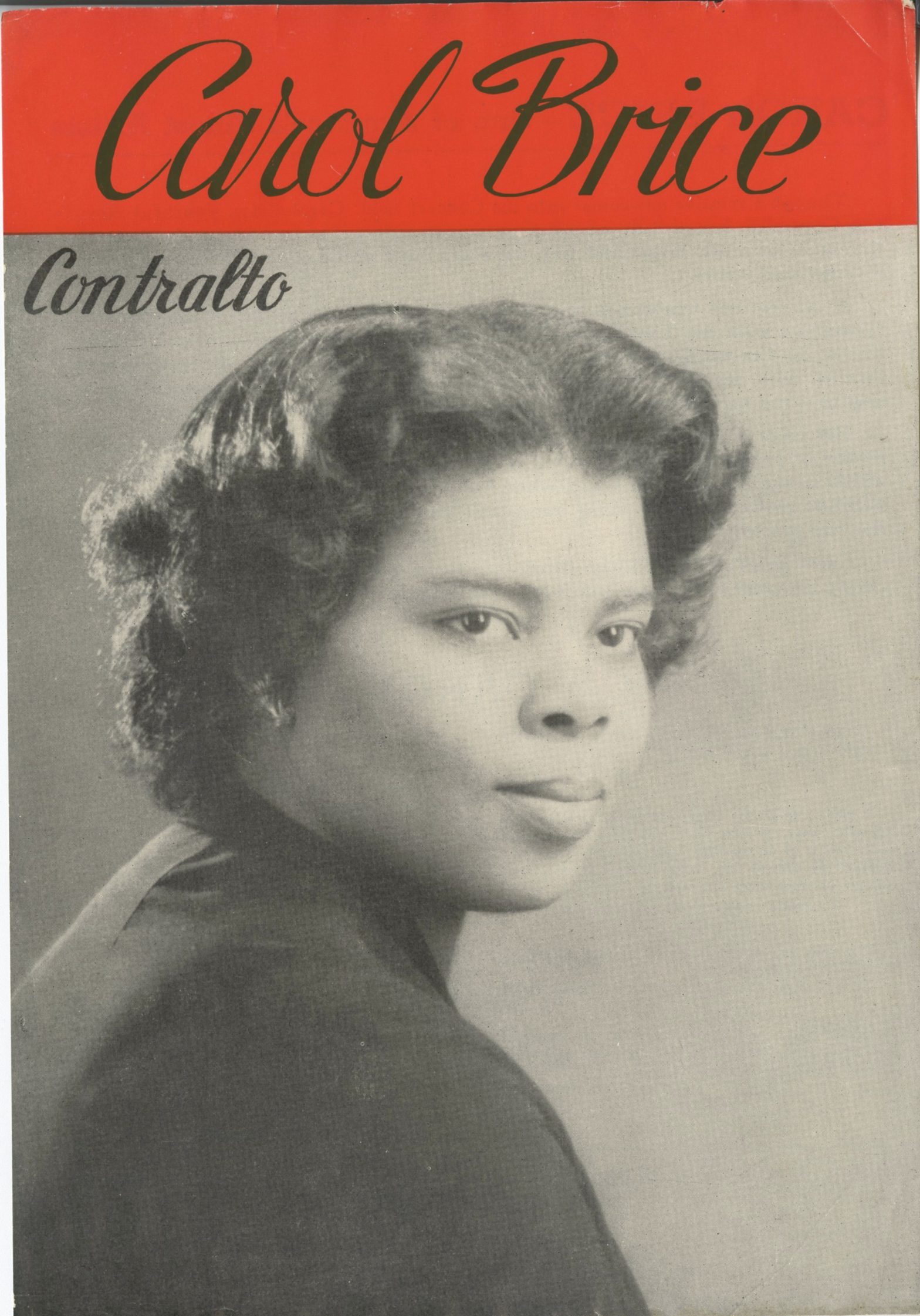 Playbill featuring a black and white image of a black woman with short curly hair wearing a black polo neck. The title reads Carol Brice, Contralto