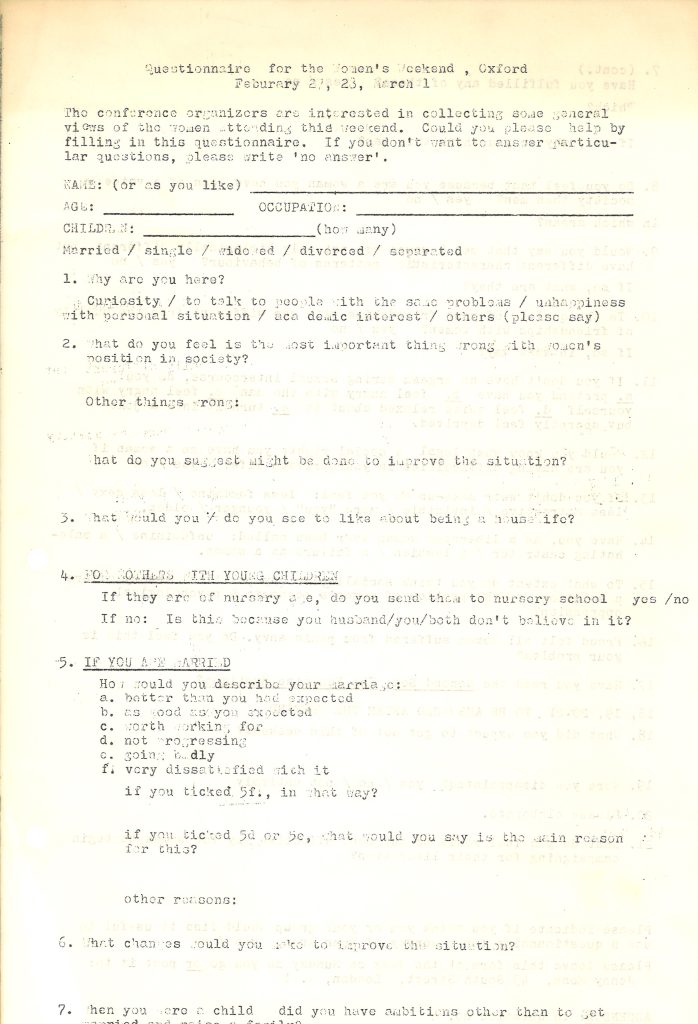 Questionnaire. Material from 7ADA The Women's Library at LSE. Image courtesy The Women's Library at LSE
