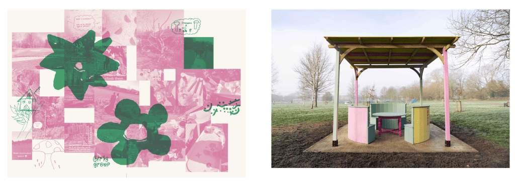 Two photographs:
1. A collage of pink-tinted photographs with green drawings and illustrations overlaid. 
2. A brightly coloured wooden shelter above matching benches and a table. 