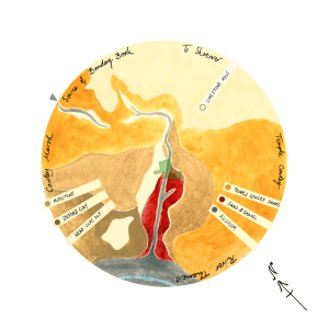 An illustrated drawing, mapping the types of soil across an area of land. 