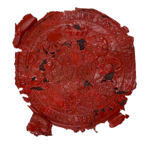 A dark red wax seal with animals and a  coat of arms faintly visible. 