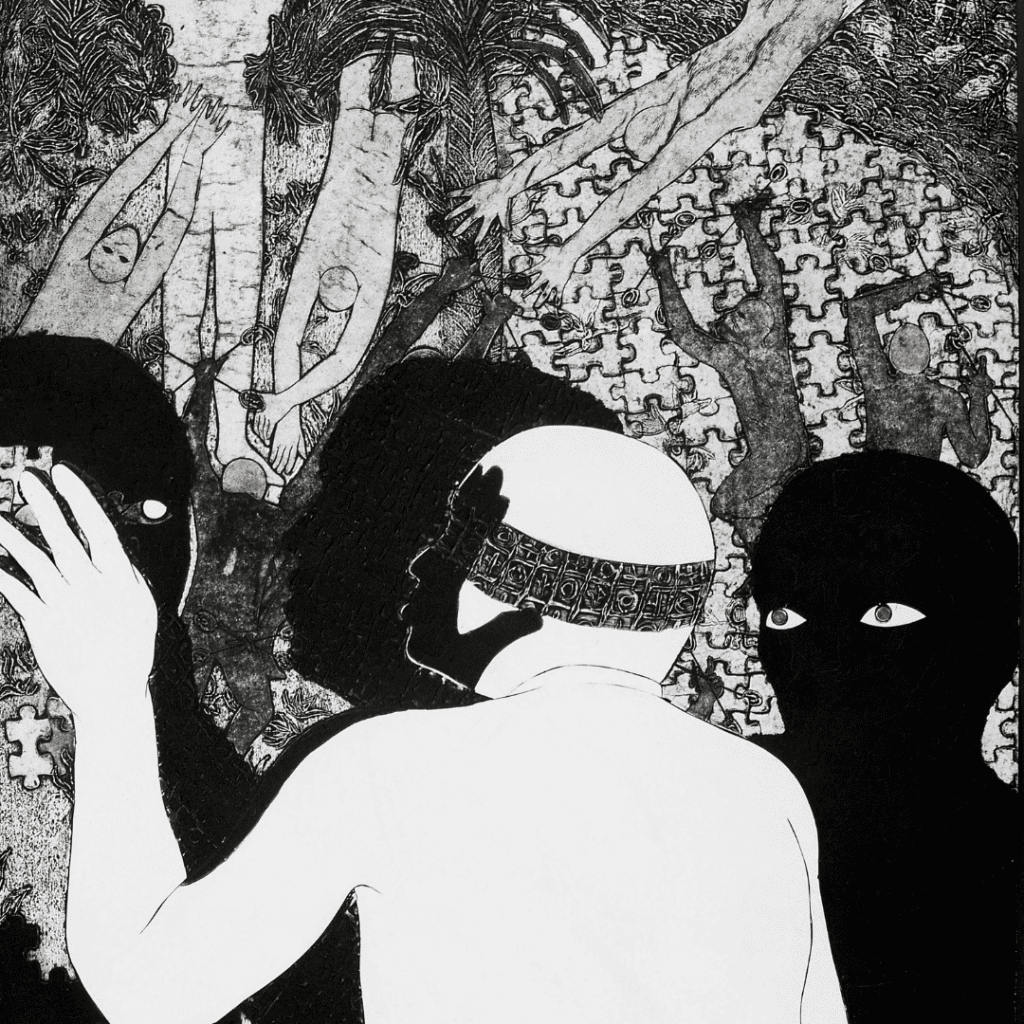 A black and white collograph print by Belkis Ayón of figures with no features just eyes. They are looking at each other and holding each others faces. In the background figures are fighting.