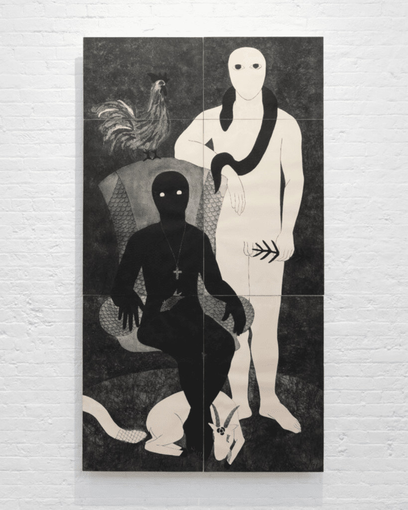 A photo of a collograph by Belkis Ayón in Modern Art Oxford's gallery. The print shows two figures, onee sitting with a fish in her belly and a goat around her feet and one standing tall, leaning on the chair with a snake wrapped around his neck.