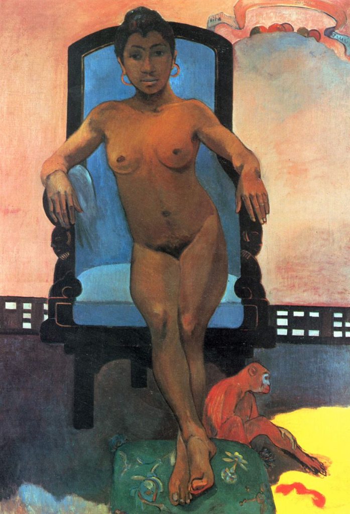 A photograph of a painting by Gauguin showing a naked woman posed awkwardly in a bright blue chair. She stares at the viewer and has a monkey at her feet. 