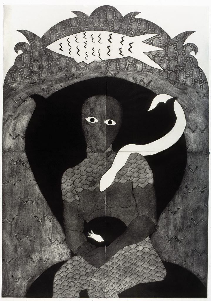 A collograph print by artist Belkis Ayon showing a female figure holding a fish, with a snake wrapped around her.