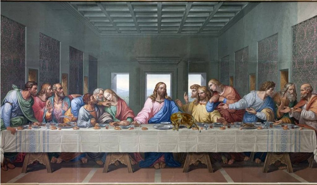 A photo of The Last Supper painting.  Showing Jesus and his disciples after he told of the betrayal.  