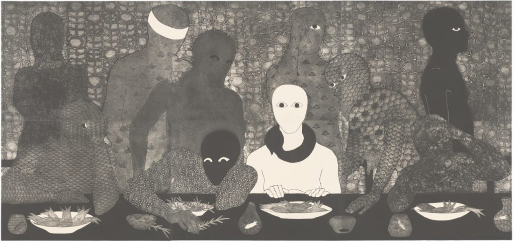 A photograph of Belkis Ayón's La cena collograph. It shows 8 figures sitting around a table looking startled, with one white figure staring directly at the viewer. Another figure with leopard print skin looks ashamed, having eaten a fish. 