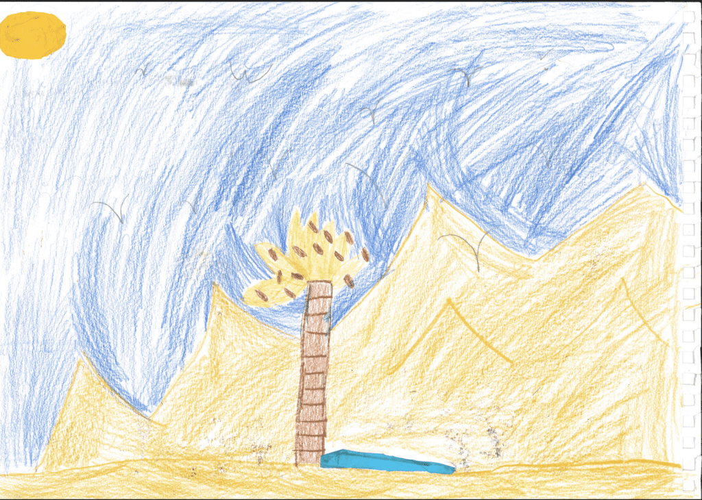 A child's drawing of a palm tree, sand and sky. 