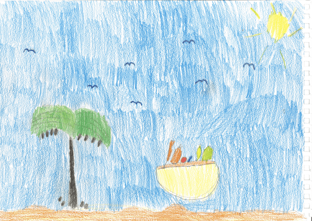 A child's drawing featuring a bright blue sky, yellow sun, and green palm tree. 